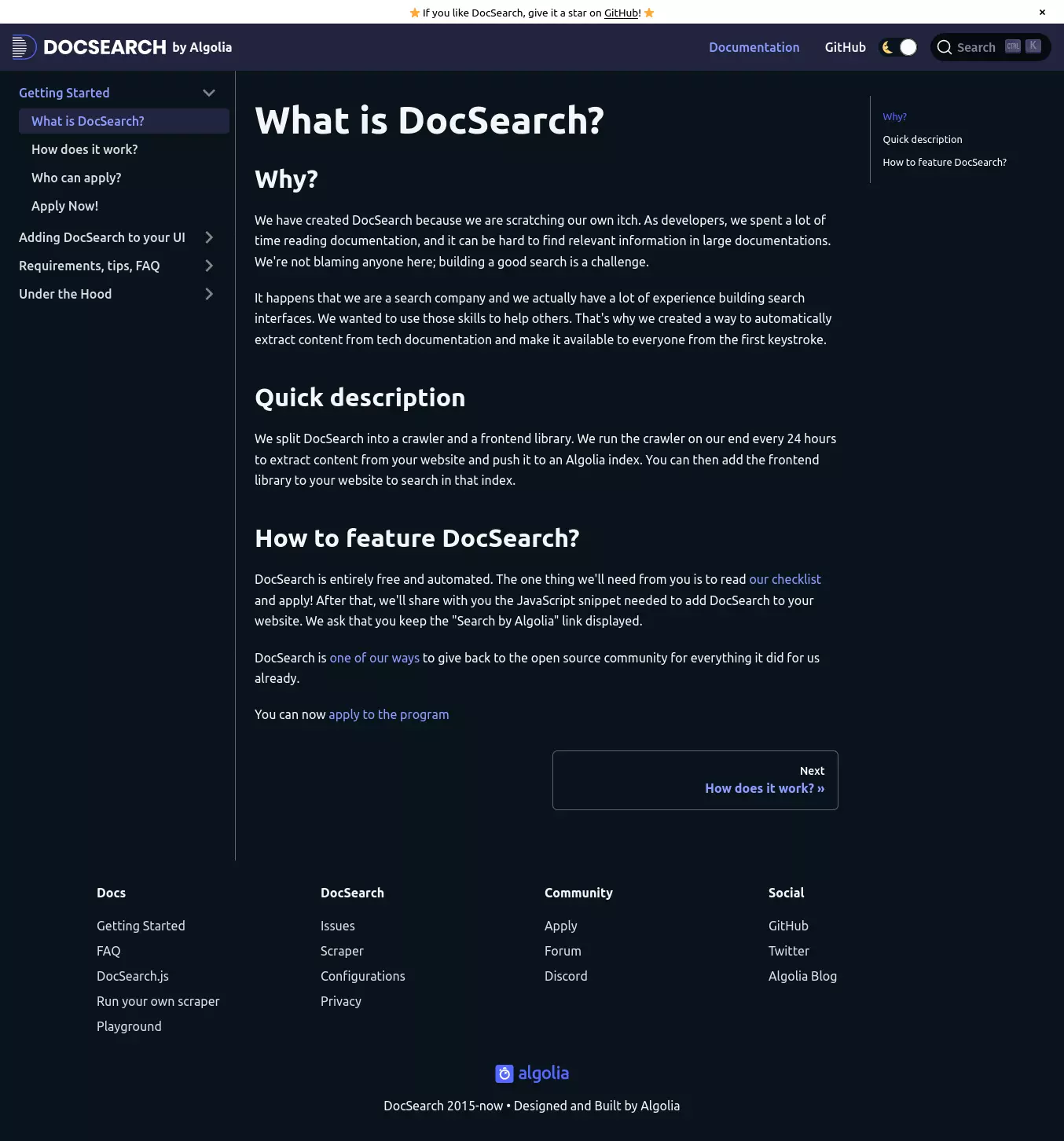 Algolia's DocSearch, built with Docusaurus