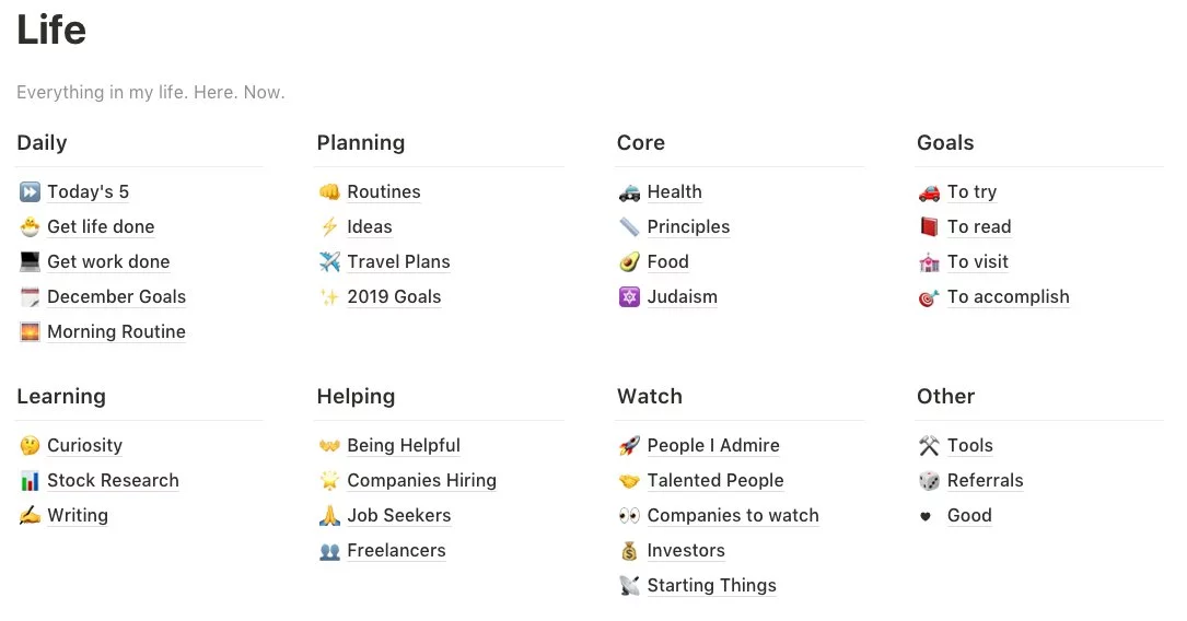 Screenshot of a personal wiki template for Notion